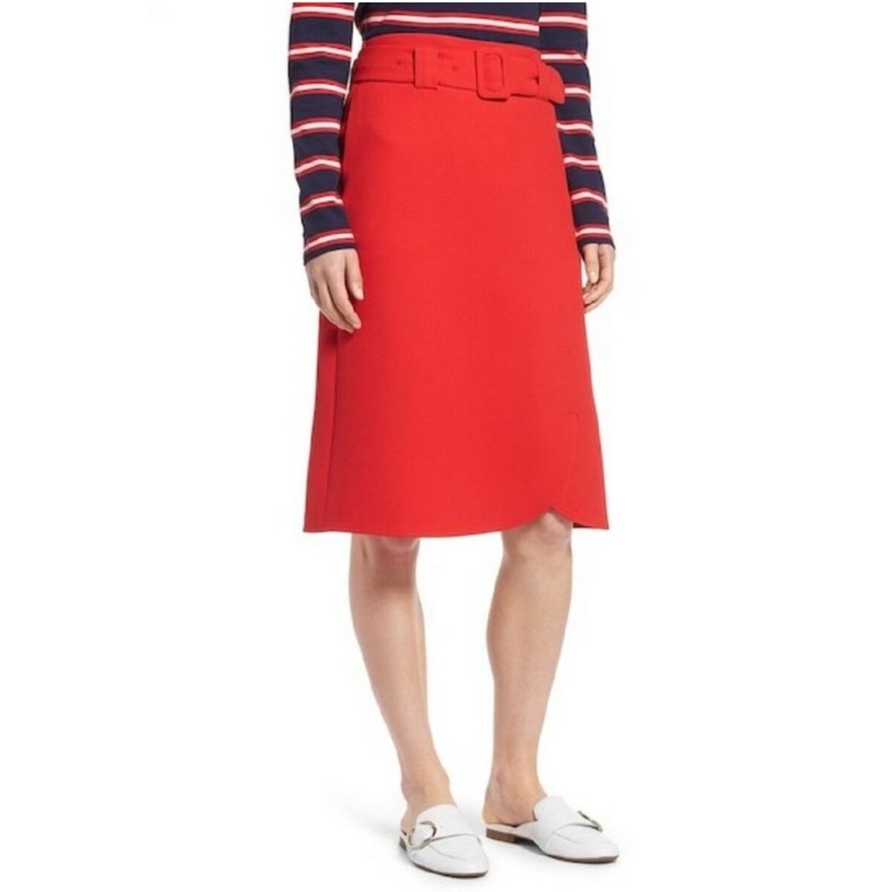 HALOGEN Skirt Red A Line Midi Belted Skirt